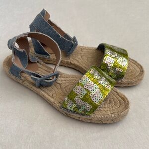 J. Crew | Sequin Ankle Strap Espadrilles Green/Blue Chambray (8)